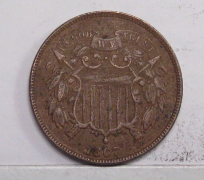 VF 1867 US 2c Two Cent Piece w/ Full "WE".  Some corrosion. - Image 1 of 4