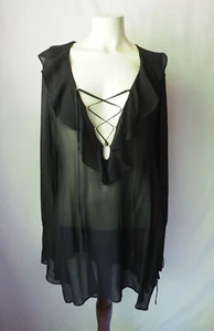 Hilfiger Collection Silk Sheer Crinkled Chiffon Peasant Blouse Tunic Black 6 - Picture 1 of 7
