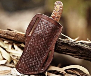 USA Hand Engraved Pancake Sheath Fixed Blade Knife Leather Sheath Pouch Holster - Picture 1 of 2