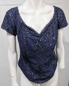 DDA CAROLINE CHARLES blue sequin 100% silk v neck top and long skirt suit 16 - Picture 1 of 7
