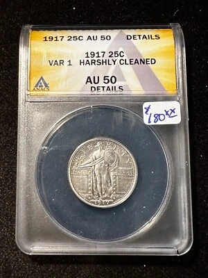 1917 Standing Liberty Quarter variedad 1 Anacs Au 50 detalles duramente limpiado Foto 1 de 4