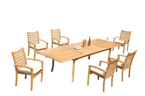 A-Grade Teak 7pc Dining 118" Rectangle Table 6 Aspen Stacking Arm Chairs Set - Picture 1 of 5