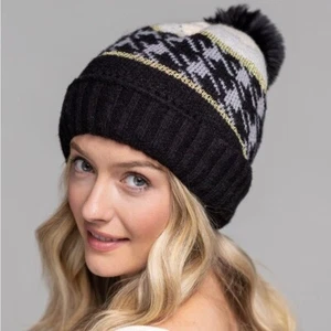 Houndstooth Beanie Hat with Pom Pom Black Gold Ski Outdoors Winter Accessories - Picture 1 of 4