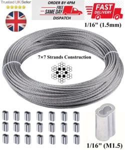 304 Stainless Steel Wire Rope 7x7 1.5mm 1-50m Aluminium Loop Sleeves Ferrule - Picture 1 of 23