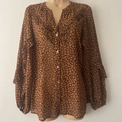 Mint Velvet Blouse Size M Brown Print Sheer Chiffon Ruffle Sleeve Shirt Women - Image 1 of 4
