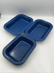 3 Graniteware Blue & White Speckled Enamelware Rectangle Baking Roasting Pans - Picture 1 of 11