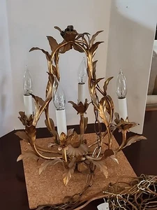VINTAGE 1960'S ITALIAN GILT TOLE CHANDELIER LIGHT 4 ARMS LILY FLOWERS MCM - Picture 1 of 14