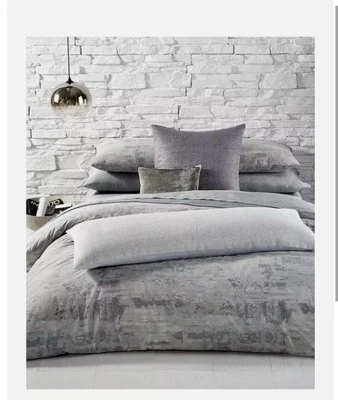 Calvin Klein Caspain Queen 被套 + 两个标准 Shams 全新 灰色 蓝色 — 第 1/4 张图片