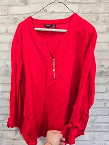 Ellen Tracy Women Shirt 100% Linen Long Sleeve Red 1/4 Zip Gold Hardware XL - Picture 1 of 13