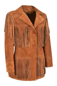 Women American Native Western Cowboy Suede Leather Coat Fringed - Tan Brown - Picture 1 of 7
