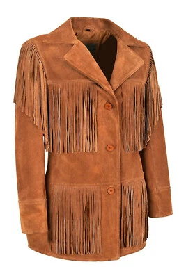 Women American Native Western Cowboy Suede Leather Coat Fringed - Tan Brown - Image 1 of 4