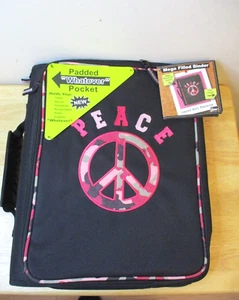 NWT! Tech Gear Black 3 Ring Binder w/Pink Camo Peace Sign, Zipper, Padded Pocket - Picture 1 of 23