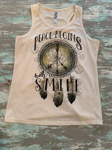 XL Beautees Niñas Tanque Sin Mangas "La paz Comienza con una Sonrisa"" Blanco - Imagen 1 de 5