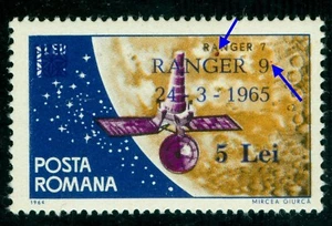 1965 Space,Ranger 9,Rocket,MOON,Satellite/surcharged,Romania,Mi.2395,Error/MNH - Picture 1 of 3
