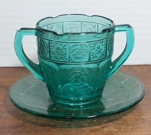 Vtg Jeannette Glass "Doric & Pansy" ultramarine/teal sugar bowl - Picture 1 of 15
