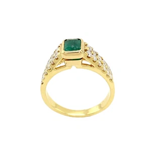18 Karat Gelbgold Smaragd Solitär Ring Set mit 0,35 Karat natürlichen runden Diamanten - Bild 1 von 4