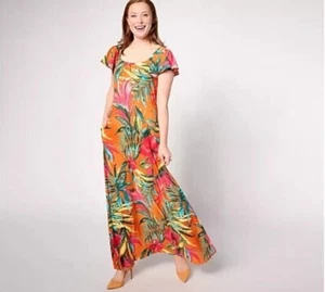 Attitudes By Renee Regular Como Jersey Flutter Sleeve Maxi Dress Size L Floral - Picture 1 of 14
