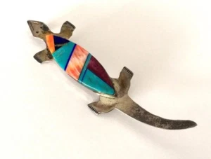 Marilyn Yazzie YZ NAVAJO LIZARD MULTI STONE MULTI COLOR INLAY 925 BROOCH PENDANT - Picture 1 of 8