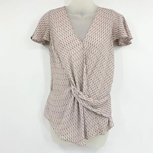 Trouve Womens Flutter Sleeve Knot Front Surplice Blouse Crepe Pink Green Sz XS - Picture 1 of 7