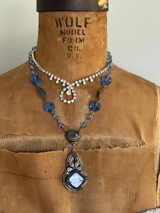 Collar Antiguo Art Nouveau AZUL Checo Verdadero Vintage Vidrio y Estrás - Imagen 1 de 21