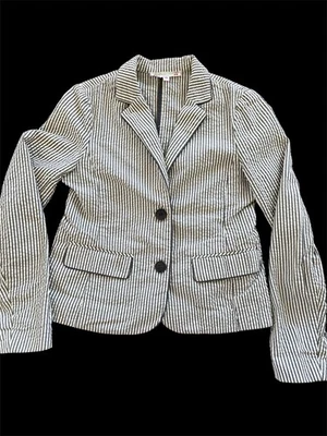 Blazer Bonpoint Usado en Excelente Condición Gris/Marfil Rayas Seersucker Princesa Costura-10 Foto 1 de 4