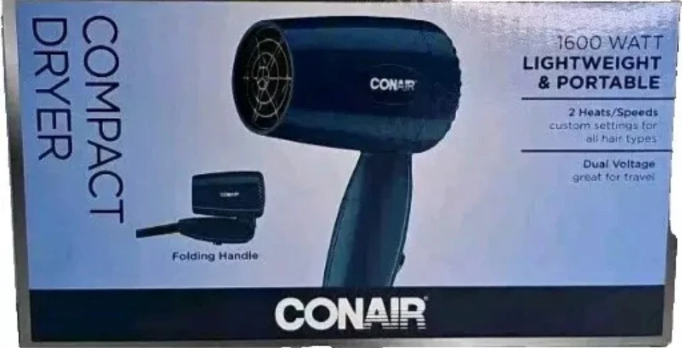 NUEVO Secador de pelo compacto Conair 1600 vatios doble voltaje mango plegable azul Foto 1 de 1