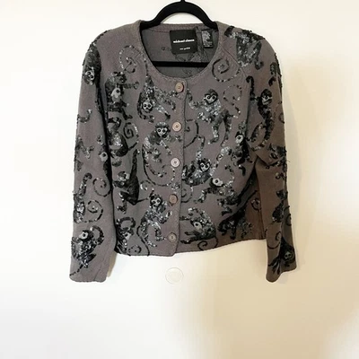 Michael Simon New York Sequin Monkey Cardigan Sweater Women's L Gray - Image 1 of 4