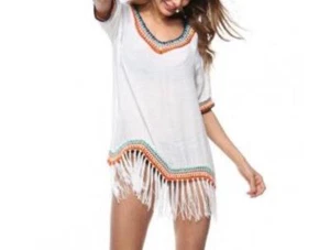 Boho swimsuit Cotton Bikini Cover Up Coverup fringed Top White semi sheer New - Picture 1 of 4