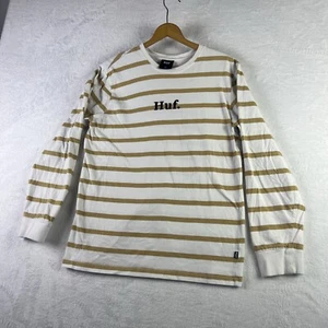 HUF Long Sleeve Shirt Mens Large White Tan Striped Crew Neck Stitch Logo Skate - Picture 1 of 8