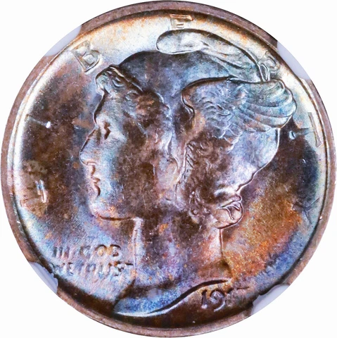 1917 10C NGC MS67 Mercury Dime Frosty Rainbow Toned Gem Top Pop 646007 Cover