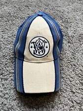 Vintage Smith Wesson Firearms Hat Cap Strapback Tan Blue Striped Adjustable Mens
