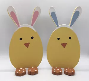 New Set of 2 Wood Easter Chicks With Bunny Ears Tiered Tray Décor Shelf Sitters - Picture 1 of 7