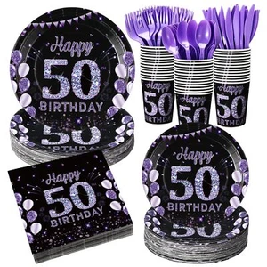 Pickmesh 400 Pcs 50th Birthday Party Supplies Purple Black Happy 50th Birthda... - Picture 1 of 6