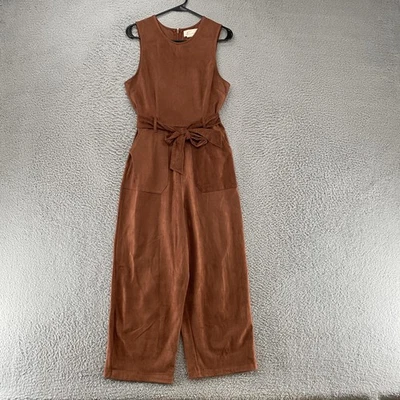 Anthropologie Jumpsuit Womens Small Brown Faux Suede Tie Belt Wide Leg Pockets - Image 1 of 4