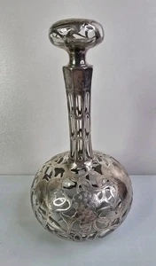 SUPERB Antique Sterling Silver Overlay Glass 8.75" Decanter Grapes PERFECT GIFT - Picture 1 of 18