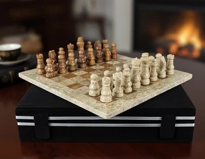 Marmor Schachspiel braun Geschenk Aufbewahrungsbox 12" Schachbrett Schachfiguren Stein Schach - Bild 1 von 24