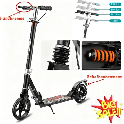Cityroller Erwachsene Klappbar Scooter Tretroller T-Style 200mm Räder+Handbremse - Bild 1 von 4