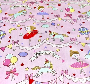 Fairytale Kids Cotton. Unicorns, Princess, & Balloons. Pink Color. By The Yard - Picture 1 of 6