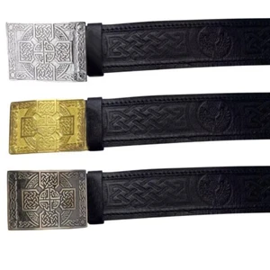 Highland Kilt Gürtelschnalle keltischer Knoten Distel geprägt Echtleder - Bild 1 von 5