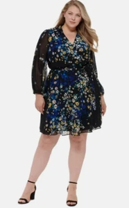 DKNY WOMEN'S CHIFFON FLORAL PRINT DRESS, BLACK, V NECK TIE WAIST SIZE 18W NWT - Picture 1 of 11