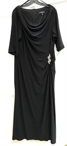 BETSY & ADAM Black Cowl Draped Crystal Rhinestone Brooch Stretch Gown 18W = 2X - Picture 1 of 5