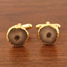 Top Quality Real Gray Solar Quartz 24K Gold Plated Cufflink Pair Gift For Gents