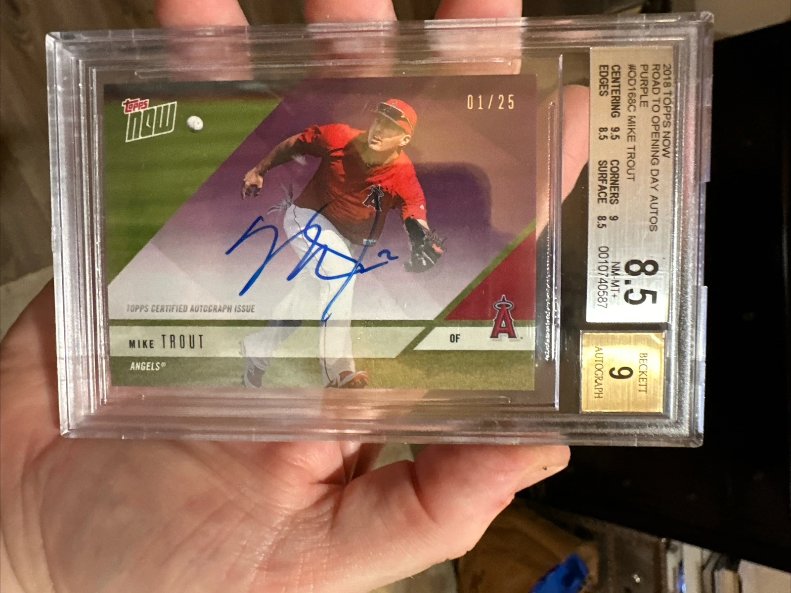 2018 Topps NOW MIKE TROUT 1/49 OD168C Road Opening Day Purple  AUTO - Beckett 9