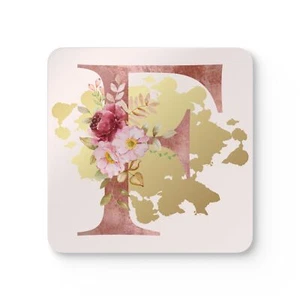 Untersetzer 4er Set - Buchstabe "F" Initiale Rosa Blume Gold Splash - Bild 1 von 5