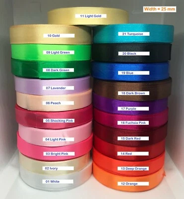 10mm 15mm 20mm 25mm Width - 22 Metres Single Sided Satin Ribbon Roll UK Free P&P - Image 1 of 3