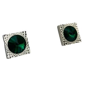 VTG 60s 70s Rivoli Crystal Emerald Green Cufflinks Diamond Cut Square Silver