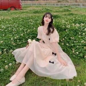 Femme Maille Fairy Robe Lolita Manches Ballons Noeud Doux Élégant Bal Chic - - Foto 1 di 14