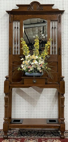 Antique Entry Hall Tree Quarter Sawn Oak  Beveled Mirror circa 1890 All Original Cover