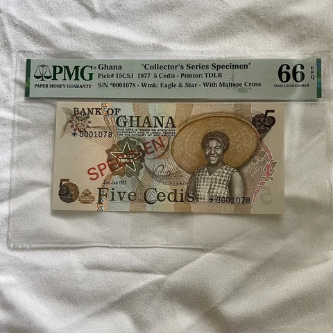 Ghana "Collector's Series Specimen P-15CS1 1977 5 Cedis 66 EPQ Gem Unc Cover