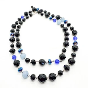 Collar Largo WHBM Negro Azul Cristal Facetado Cuentas Tono Plata Cobalto Firmado - Imagen 1 de 11